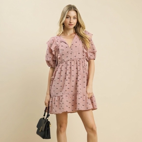 Umgee Dresses & Skirts - Umgee Pink Bow Print Ruffle Babydoll Mini Dress Linen Blend Medium Cottagecore